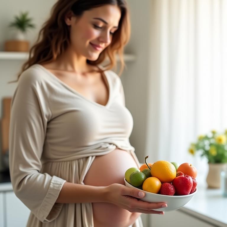 Mujer embarazada con alimentación saludable